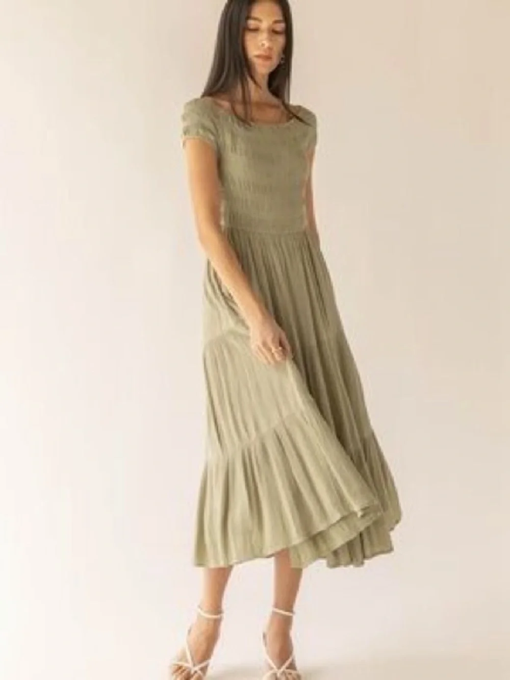 NWOT OAK + FORT Olive Green Smocked Cap-Sleeve Midi Dress sz S - Picture 1 of 6